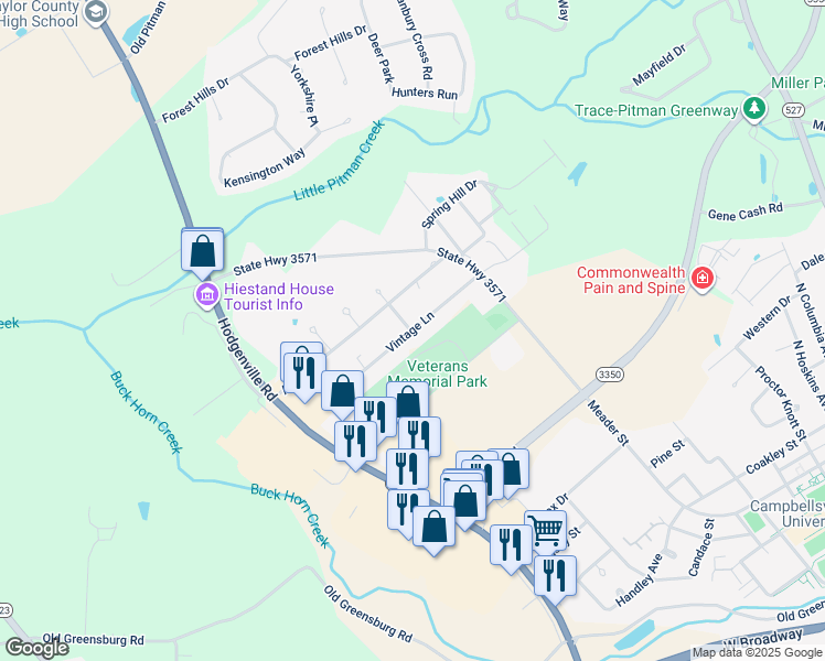 map of restaurants, bars, coffee shops, grocery stores, and more near 98 Vintage Lane in Campbellsville