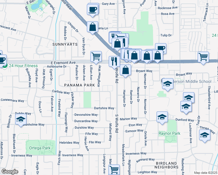 map of restaurants, bars, coffee shops, grocery stores, and more near 865 Carlisle Way in Sunnyvale