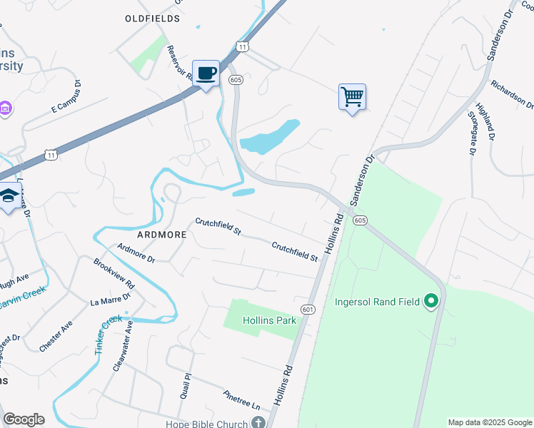 map of restaurants, bars, coffee shops, grocery stores, and more near 6108 Old Black Horse Road in Hollins