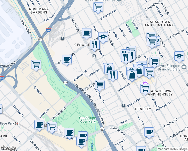 map of restaurants, bars, coffee shops, grocery stores, and more near 741 Miller Street in San Jose