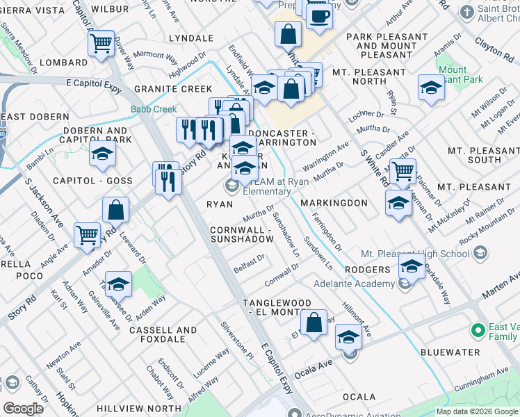 map of restaurants, bars, coffee shops, grocery stores, and more near 1350 McGinness Avenue in San Jose