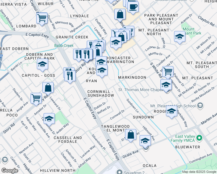 map of restaurants, bars, coffee shops, grocery stores, and more near 1350 McGinness Avenue in San Jose