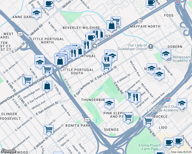 map of restaurants, bars, coffee shops, grocery stores, and more near 214 Sedona Place in San Jose