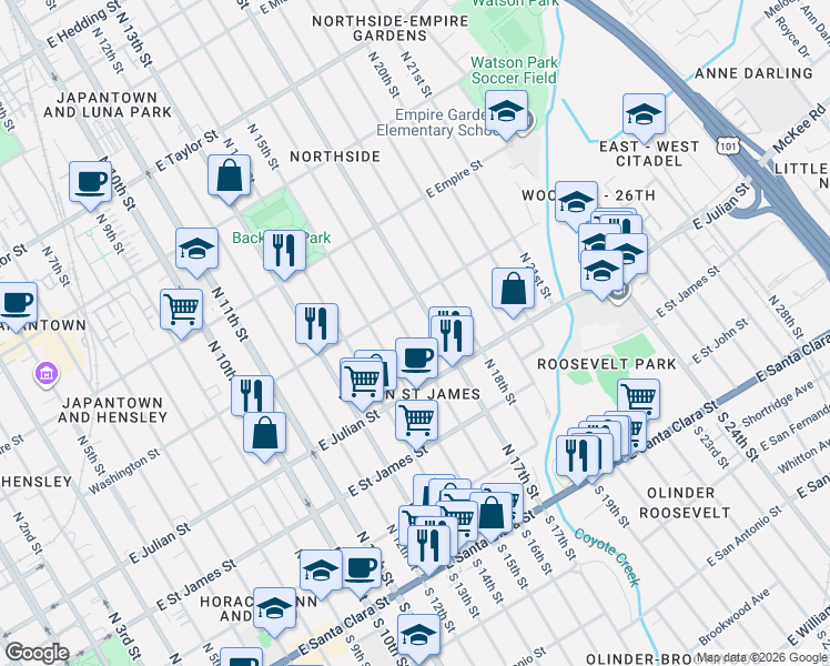 map of restaurants, bars, coffee shops, grocery stores, and more near 341 North 16th Street in San Jose
