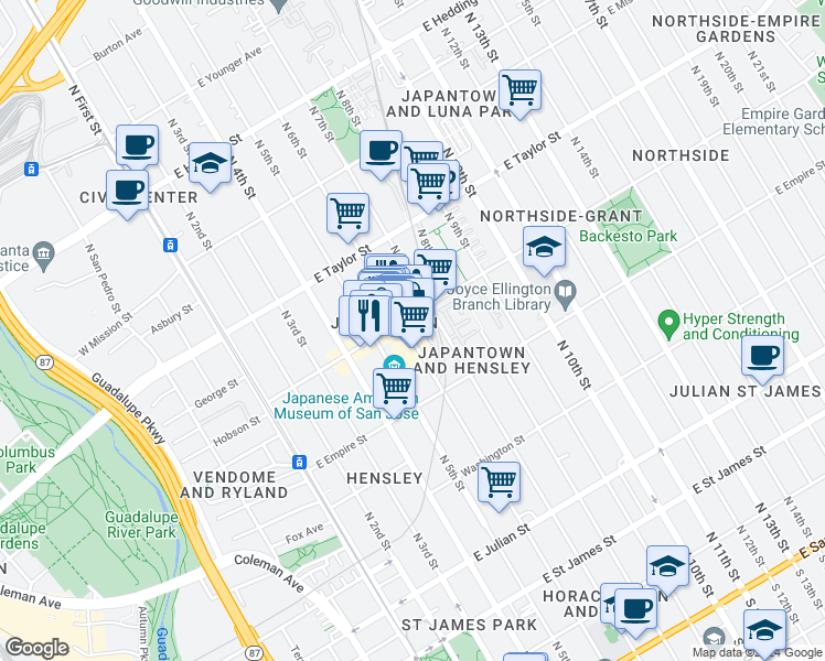 map of restaurants, bars, coffee shops, grocery stores, and more near 565 North 6th Street in San Jose