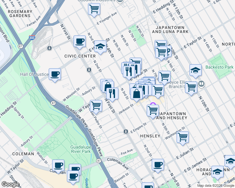 map of restaurants, bars, coffee shops, grocery stores, and more near 662 North 1st Street in San Jose