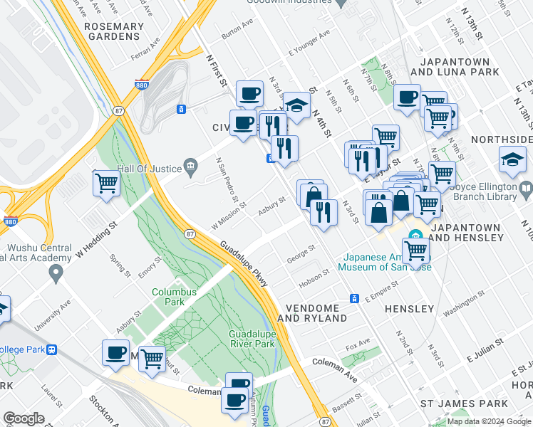 map of restaurants, bars, coffee shops, grocery stores, and more near 701 Miller Street in San Jose