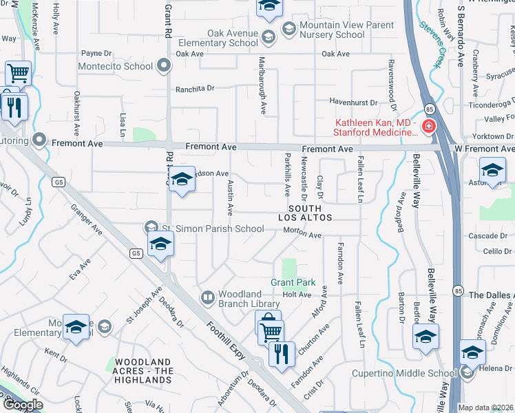 map of restaurants, bars, coffee shops, grocery stores, and more near 1458 Ben Roe Drive in Los Altos