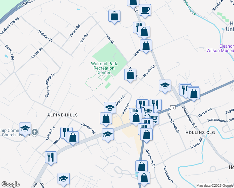 map of restaurants, bars, coffee shops, grocery stores, and more near 232 Knoll Road in Hollins