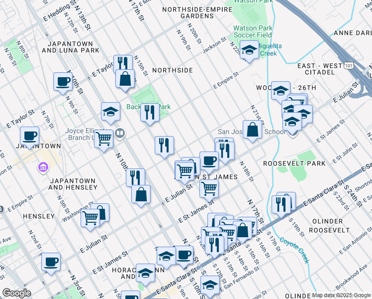map of restaurants, bars, coffee shops, grocery stores, and more near 397 North 15th Street in San Jose