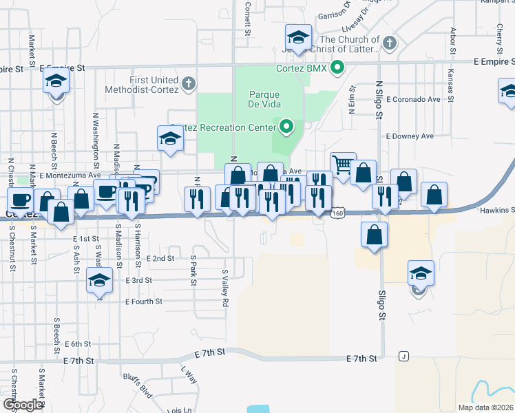 map of restaurants, bars, coffee shops, grocery stores, and more near 1019 East Main Street in Cortez