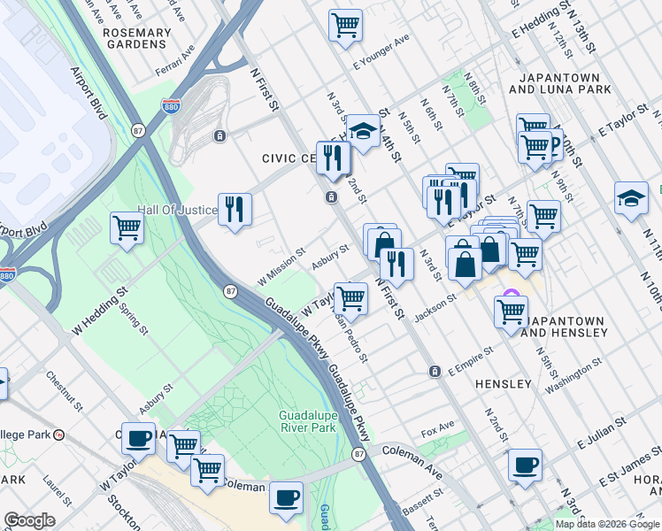map of restaurants, bars, coffee shops, grocery stores, and more near in San Jose