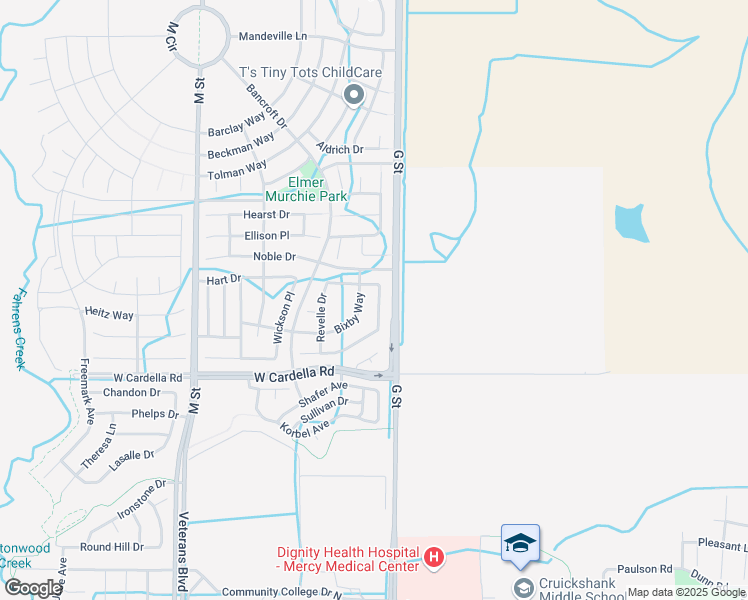 map of restaurants, bars, coffee shops, grocery stores, and more near 4389 Strathmore Place in Merced