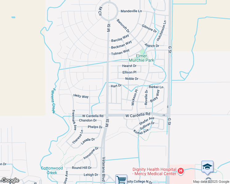 map of restaurants, bars, coffee shops, grocery stores, and more near 4371 Briggs Lane in Merced