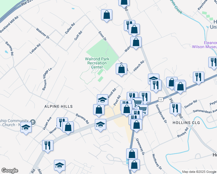 map of restaurants, bars, coffee shops, grocery stores, and more near 232 Knoll Road in Hollins