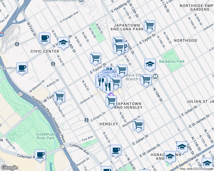 map of restaurants, bars, coffee shops, grocery stores, and more near 205 Jackson Street in San Jose