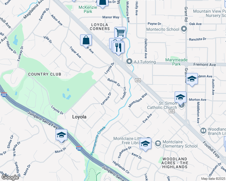 map of restaurants, bars, coffee shops, grocery stores, and more near Lundy Lane in Los Altos