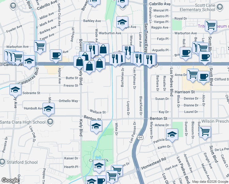 map of restaurants, bars, coffee shops, grocery stores, and more near 1339 White Drive in Santa Clara