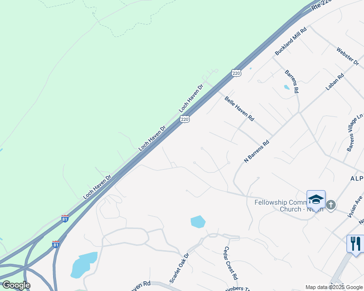 map of restaurants, bars, coffee shops, grocery stores, and more near 8411 Olsen Road in Roanoke