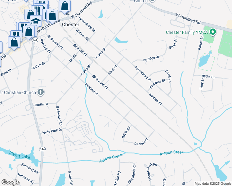 map of restaurants, bars, coffee shops, grocery stores, and more near 12549 Richmond Street in Chester