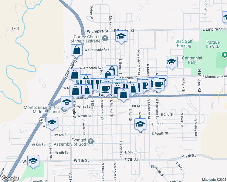 map of restaurants, bars, coffee shops, grocery stores, and more near 100 North Market Street in Cortez