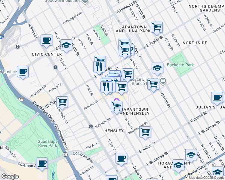 map of restaurants, bars, coffee shops, grocery stores, and more near 205 Jackson Street in San Jose