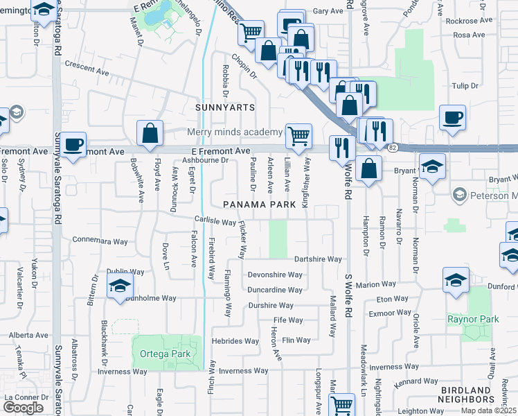 map of restaurants, bars, coffee shops, grocery stores, and more near 1380 Pauline Drive in Sunnyvale
