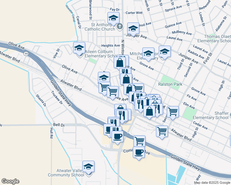 map of restaurants, bars, coffee shops, grocery stores, and more near 1831 Olive Avenue in Atwater