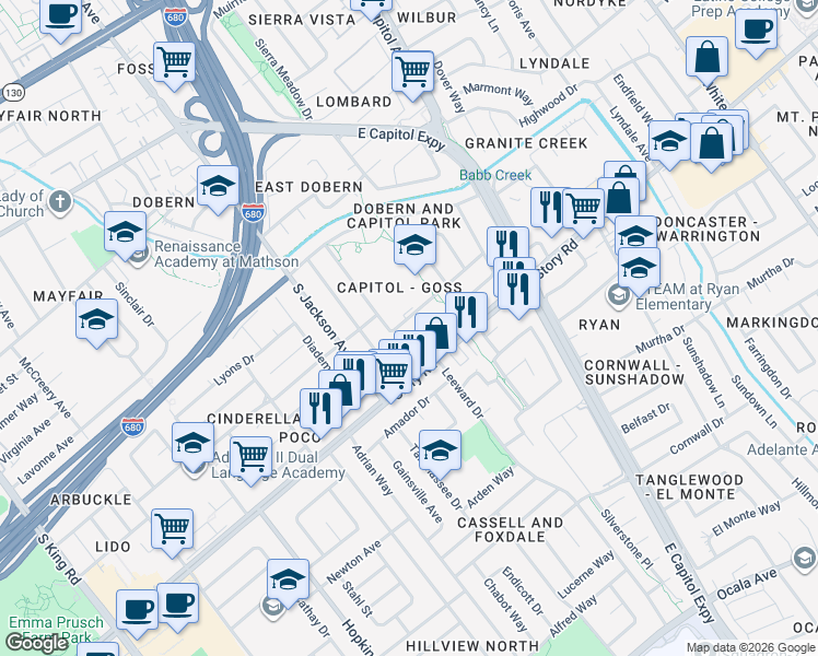 map of restaurants, bars, coffee shops, grocery stores, and more near in San Jose