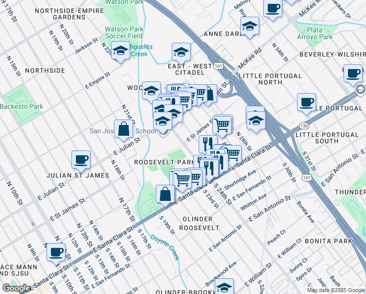 map of restaurants, bars, coffee shops, grocery stores, and more near 228 North 24th Street in San Jose