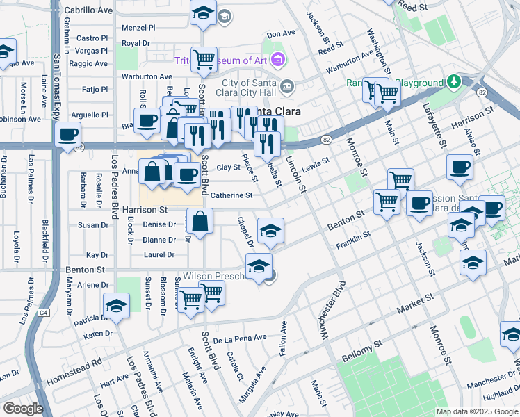 map of restaurants, bars, coffee shops, grocery stores, and more near 1378 Pierce Street in Santa Clara