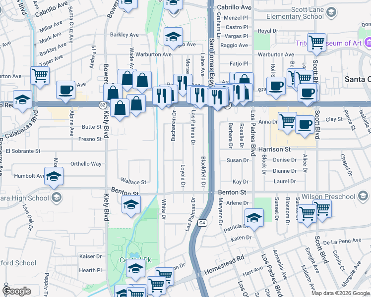 map of restaurants, bars, coffee shops, grocery stores, and more near 1357 Loyola Drive in Santa Clara