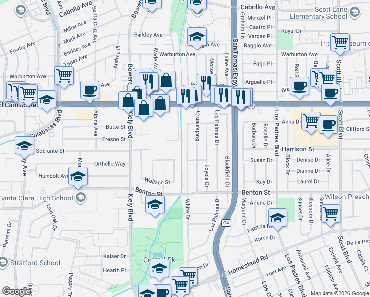map of restaurants, bars, coffee shops, grocery stores, and more near 1339 White Drive in Santa Clara