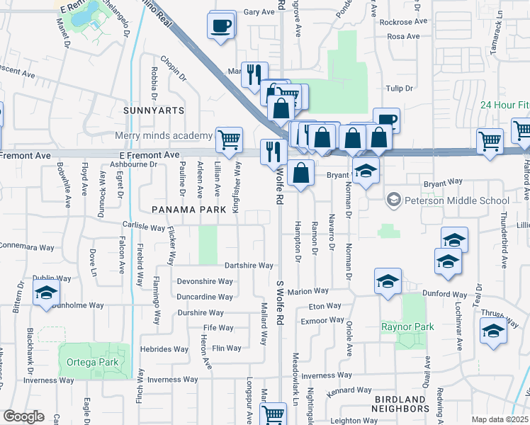 map of restaurants, bars, coffee shops, grocery stores, and more near 1331 South Wolfe Road in Sunnyvale