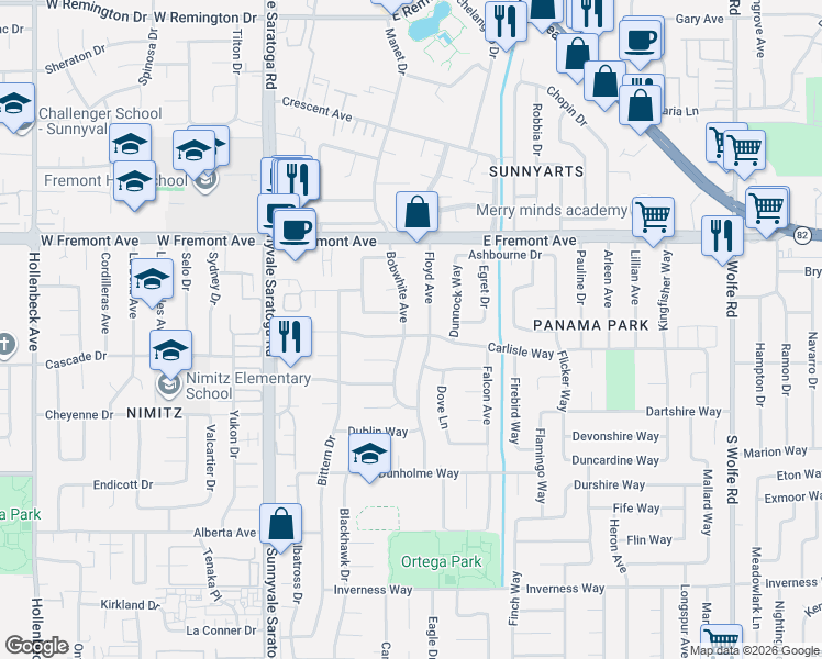 map of restaurants, bars, coffee shops, grocery stores, and more near 1375 Floyd Avenue in Sunnyvale