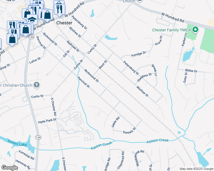 map of restaurants, bars, coffee shops, grocery stores, and more near 12549 Richmond Street in Chester