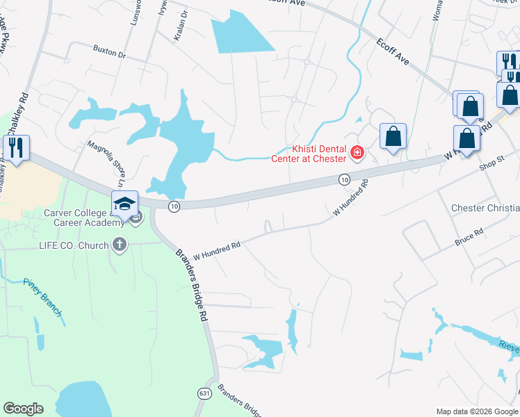 map of restaurants, bars, coffee shops, grocery stores, and more near 12540 Iron Bridge Road in Chester