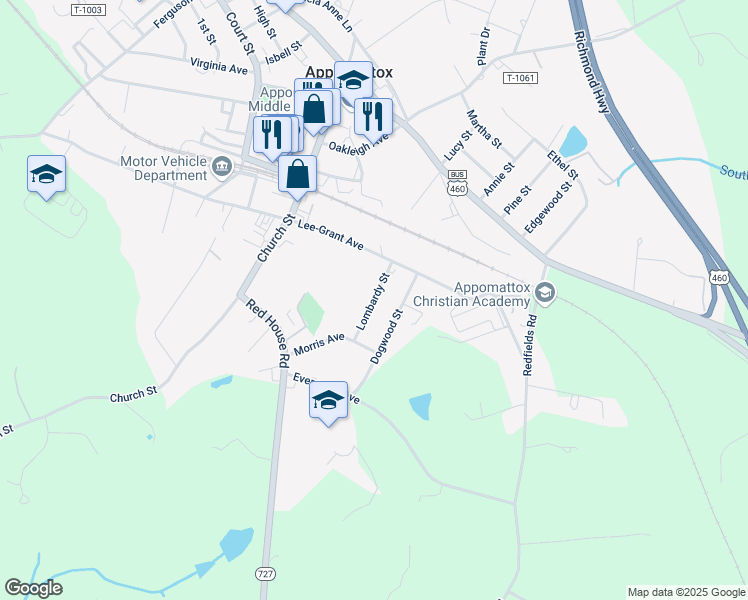 map of restaurants, bars, coffee shops, grocery stores, and more near 270 Lombardy Street in Appomattox