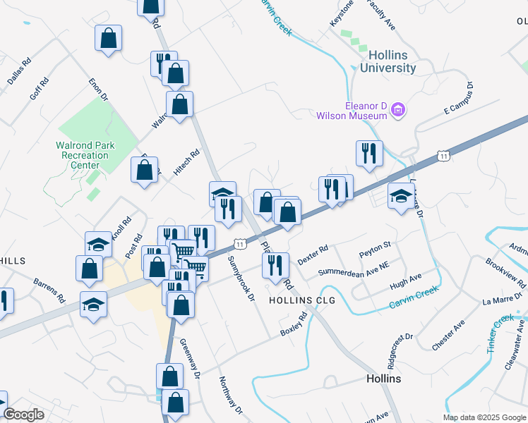 map of restaurants, bars, coffee shops, grocery stores, and more near 7528 Lula Avenue in Hollins