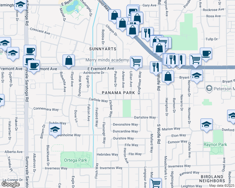 map of restaurants, bars, coffee shops, grocery stores, and more near 1380 Pauline Drive in Sunnyvale