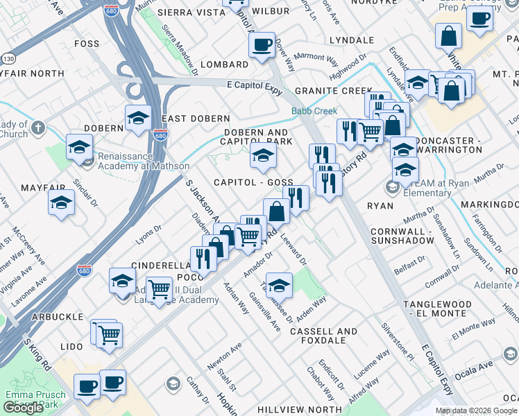 map of restaurants, bars, coffee shops, grocery stores, and more near in San Jose