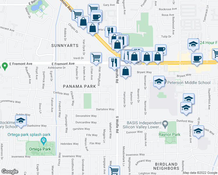 map of restaurants, bars, coffee shops, grocery stores, and more near 865 Carlisle Way in Sunnyvale