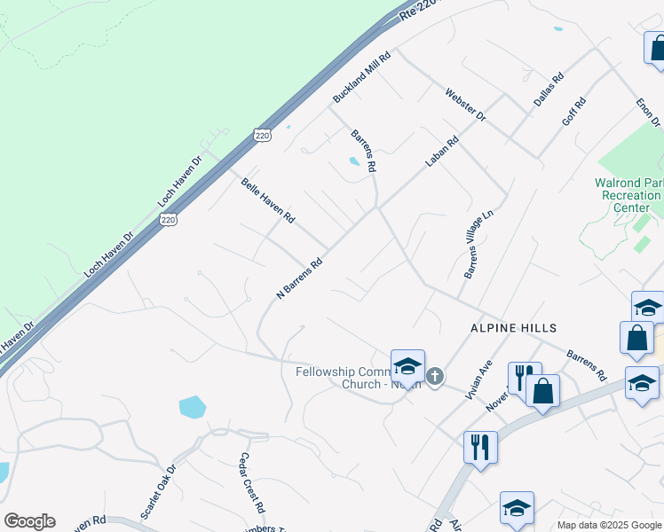 map of restaurants, bars, coffee shops, grocery stores, and more near 6353 North Barrens Road in Roanoke
