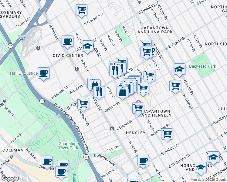 map of restaurants, bars, coffee shops, grocery stores, and more near 692 North 3rd Street in San Jose