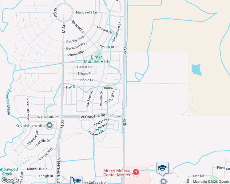 map of restaurants, bars, coffee shops, grocery stores, and more near 4388 Bixby Way in Merced