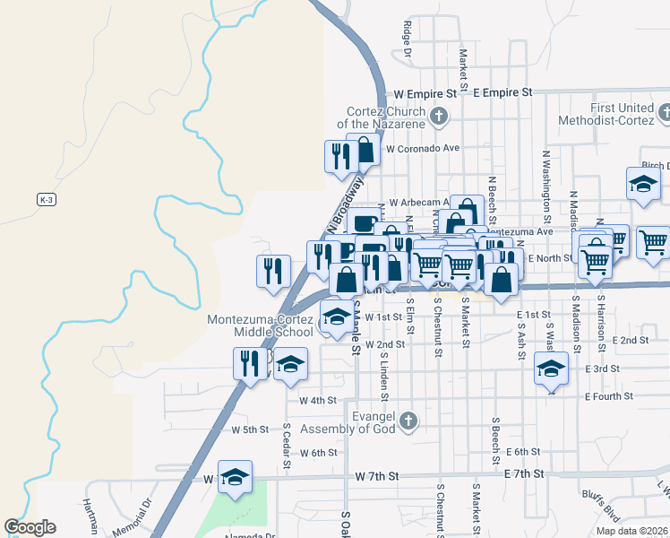 map of restaurants, bars, coffee shops, grocery stores, and more near 119 N Pinon Dr in Cortez
