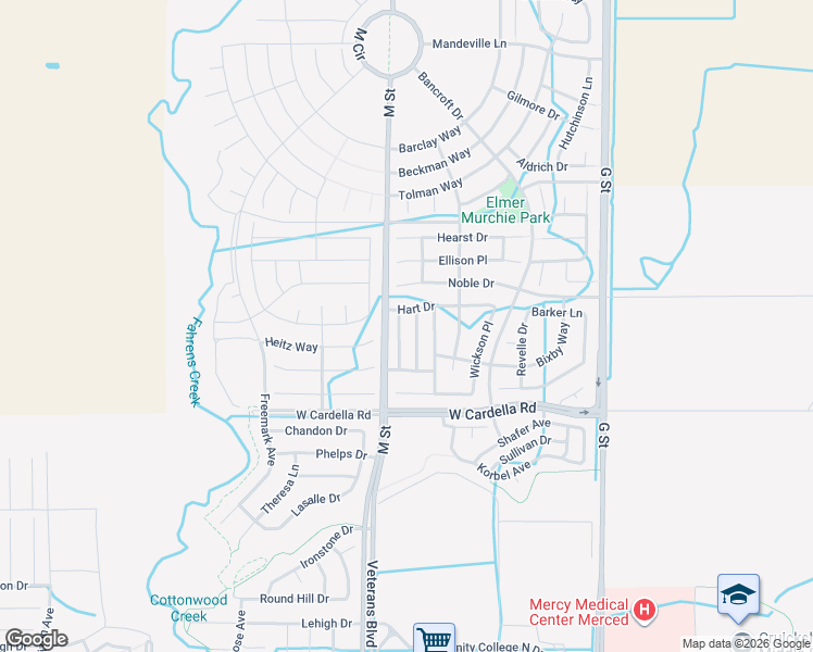 map of restaurants, bars, coffee shops, grocery stores, and more near 4376 Mathias Way in Merced