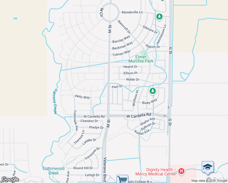 map of restaurants, bars, coffee shops, grocery stores, and more near 4376 Mathias Way in Merced