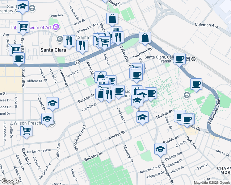 map of restaurants, bars, coffee shops, grocery stores, and more near 1050 Benton Street in Santa Clara