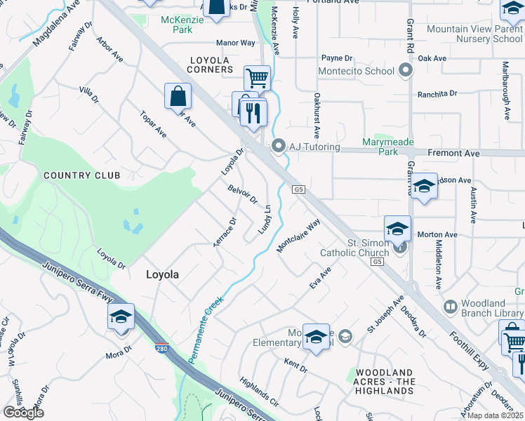 map of restaurants, bars, coffee shops, grocery stores, and more near 952 Lundy Lane in Los Altos